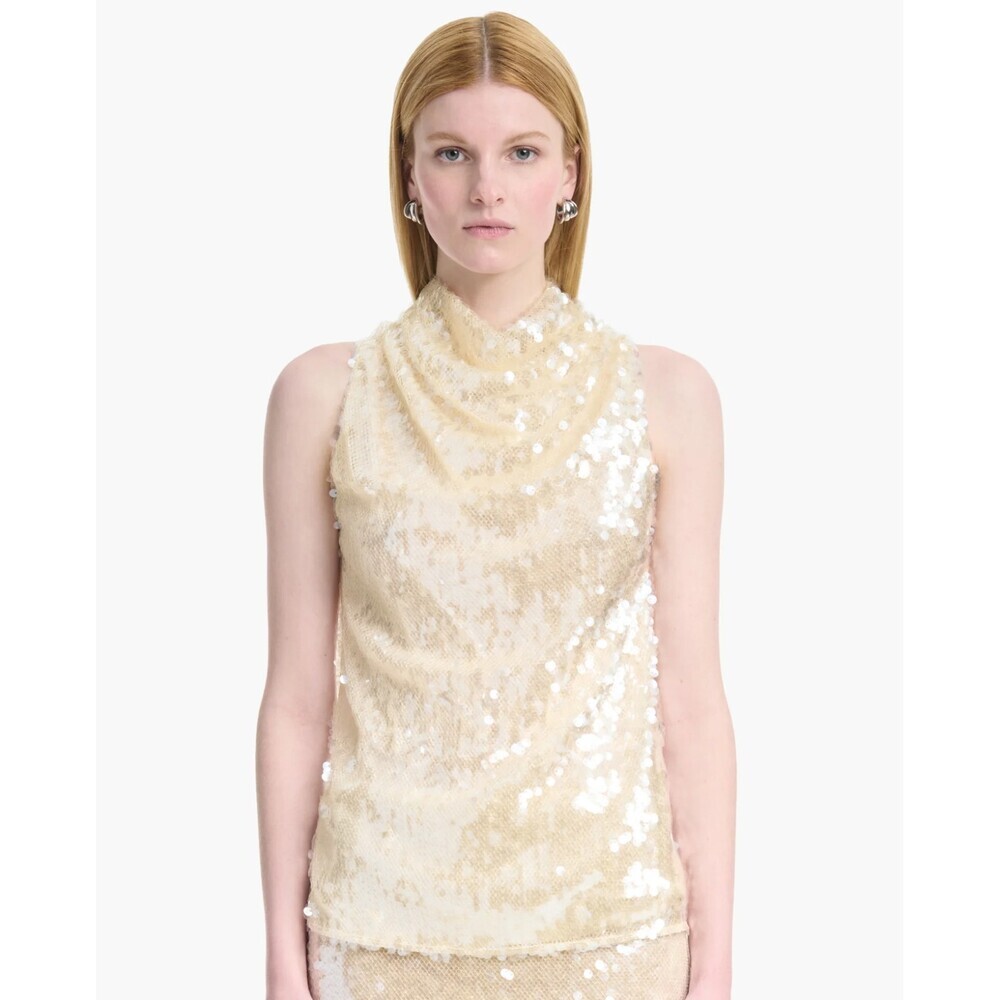 Altuzarra Sleary Top Size 44 US 12 Macadamia Ivory Sequin Cowl Neck Party Glam